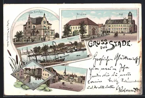 Lithographie Stade, Villa Cornelsen, Hafen, Schifferthor und Zeughaus