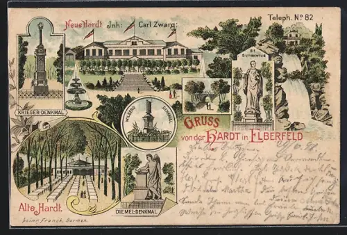 Lithographie Elberfeld, Gasthaus Neue Hardt, Inh. Carl Zward, Diemel-Denkmal, Wilberg-Denkmal, Alte Hardt