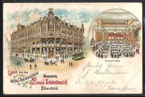 Lithographie Elberfeld, Hotel-Restaurant Monopol Louis Schivelbusch, Concert-Saal
