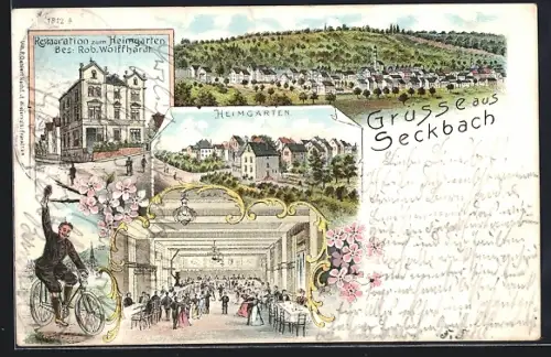 Lithographie Frankfurt-Seckbach, Restaurant zum Heimgarten von Rob. Wolffhardt, Ortspanorama