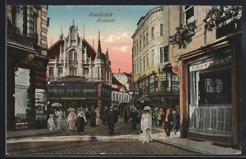 AK Osnabrück, Strasse Nicolaiort mit Strassenbahn und Passanten