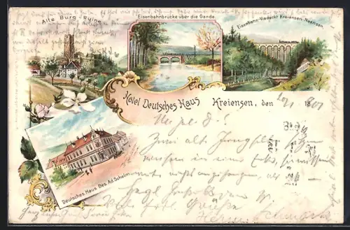 Lithographie Kreiensen, Alte Burg-Ruine, Hotel Deutsches Haus, Eisenbahnbrücke über die Gande, rosa Blütenverzierung