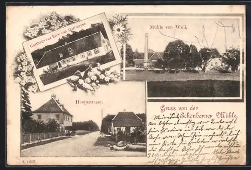 AK Schönborn / Lahn, Gasthaus zur Rose von Hallmayer, Haupstrasse, Mühle von Woll