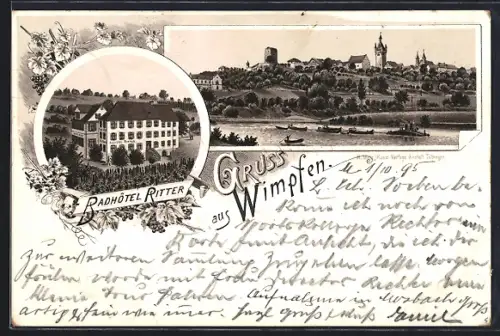 Vorläufer-Lithographie Wimpfen, 1895, Hotel Ritter, Flusspartie mit Blick auf den Ort