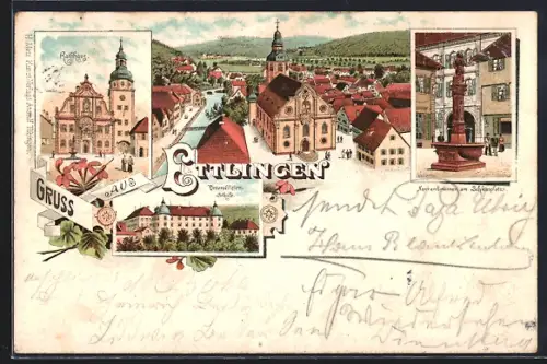 Lithographie Ettlingen, Unteroffizier-Schule, Narrenbrunnen am Schlossplatz, Rathaus, Gesamtansicht