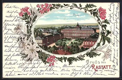 Lithographie Rastatt, Schloss & Blumenkranz