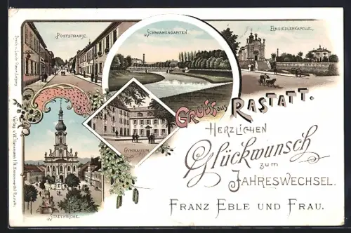 Lithographie Rastatt, Schwanengarten, Einsiedlerkapelle, Poststrasse