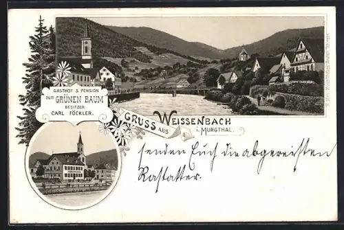 Vorläufer-Lithographie Weisenbach / Murgtal 1895, Gasthof und Pension zum Grünen Baum, Bes. Carl Föckler