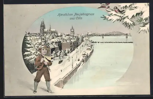 Grusskarten-AK Cöln, Ortsansicht im Schnee, Herzlichen Neujahrsgruss
