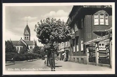 AK Köln-Sülz, Lotharstrasse mit Blick zur Nikolauskirche