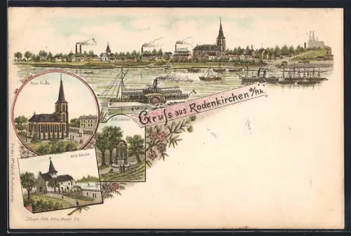 Lithographie Rodenkirchen a. Rh., Neue Kirche, Alte Kirche, Flusspanorama