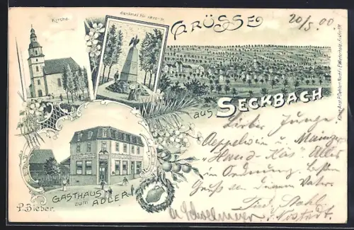 AK Frankfurt-Seckbach, Gasthaus zum Adler, Inh. P. Bieber, Denkmal für 1870-71, Kirche