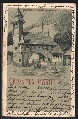 Künstler-AK Rastatt, Industrie- und Gewerbeausstellung 1901, Blick zum Eingangstor
