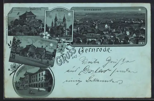 Mondschein-Lithographie Gernrode / Harz, Restaurant Stubenberg, Kirche, Sternhaus und Haus Hagental