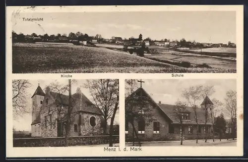 AK Menz i. d. Mark, Kirche, Schule, Blick auf den Ort
