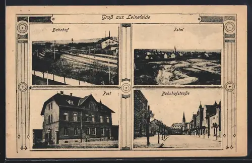 AK Leinefelde, Bahnhof, Post, Bahnhofstrasse und Totalansicht