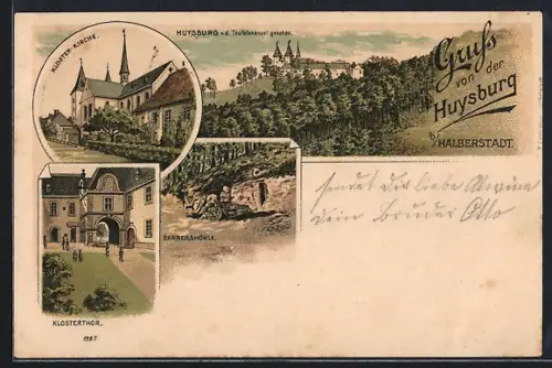 Lithographie Huy, Gasthaus Gambrinus, Blick von der Teufelskanzel auf die Huysburg, Klosterthor
