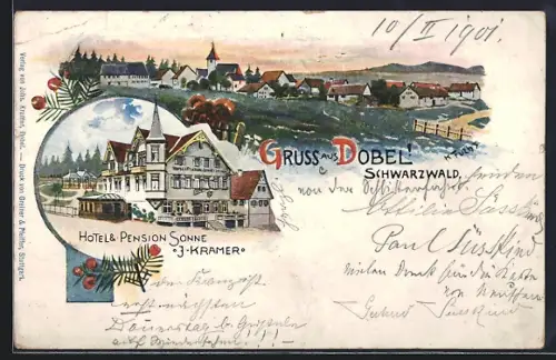 Lithographie Dobel / Schwarzwald, Hotel & Pension Sonne v. J. Kramer