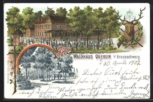 Lithographie Braunschweig, Restaurant Waldhaus Querum mit Spielplatz