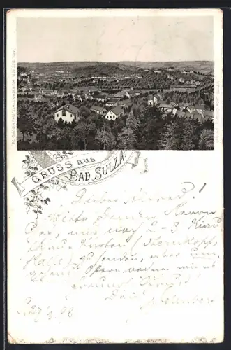Lithographie Bad Sulza /Th., Ortsansicht mit Fernblick aus der Vogelschau