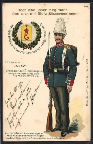 Künstler-AK Berlin-Charlottenburg, Soldat des Königin Elisabeth Garde-Grenadier-Regiments Nr. 3