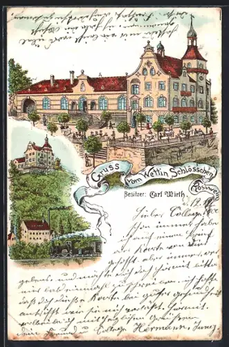Lithographie Wettin, Gasthaus im Wettin Schlösschen Rosswein, Inh. Carl Wirth