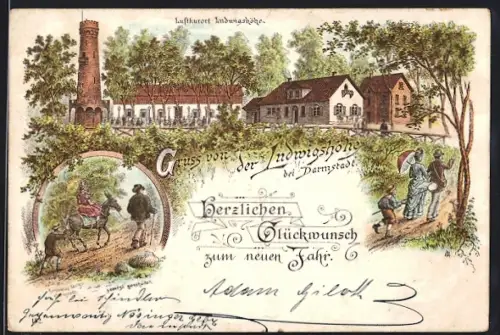 Vorläufer-Lithographie Darmstadt, 1895, Gasthof Ludwigshöhe, Herzlichen Glückwunsch zum neuen Jahr