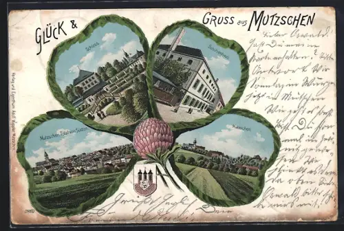 Passepartout-Lithographie Mutzschen, Totale von Süden, Schloss im Kleeblatt