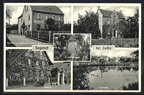 AK Hagenest bei Lucka, Bäckerei und Lebensmittelgesch. von Arth. Schumann, Gasthof, Dorfteich