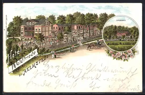 Lithographie Helmstedt, Hotel Waldfriede mit Gästen, Dependance