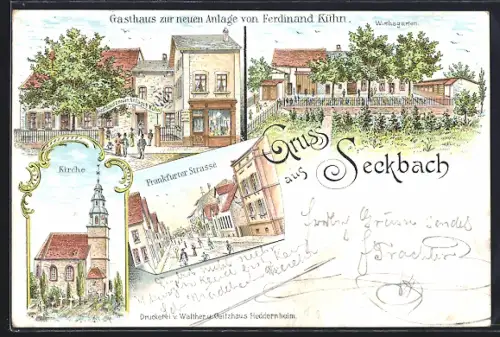 Lithographie Frankfurt-Seckbach, Gasthaus zur neuen Anlage v. F. Kühn, Kirche, Frankfurter Strasse