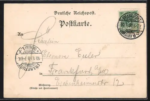 Lithographie Frankfurt-Seckbach, Gasthaus zur neuen Anlage v. F. Kühn, Kirche, Frankfurter Strasse