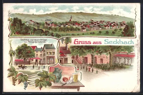 Lithographie Frankfurt-Seckbach, Gasthaus zur neuen Anlage, Inh. Philipp Goldschmidt