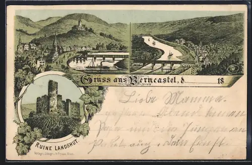 Lithographie Berncastel, Ruine Landshut, Flusspartie mit Brücke