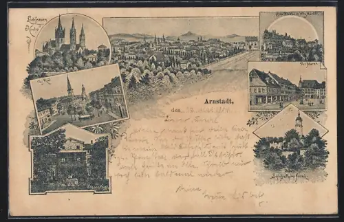 Lithographie Arnstadt, Liebfrauenkirche, Das Ried, Der Markt