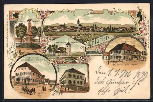Lithographie Urloffen, Gasthaus zur goldenen Sonne, Gasthaus zum Ochsen, Rat- und Schulhaus u.a.