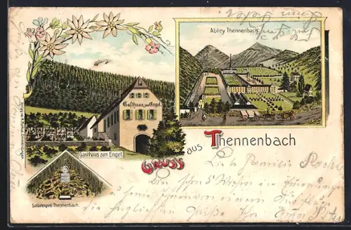 Lithographie Emmendingen, Gasthaus zum Engel, Abtei Tennenbach und Soldatengrab