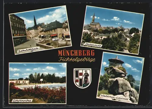 AK Münchberg /Fichtelgebirge, Bahhofstrasse, Schwimmbad, Teilansicht, Wappen