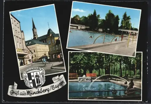 AK Münchberg /Bayern, Schwimmbad, Ortspartie, Wappen