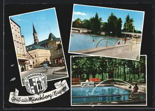 AK Münchberg /Bayern, Wasserbecken, Freibad, Strassenpartie, Wappen