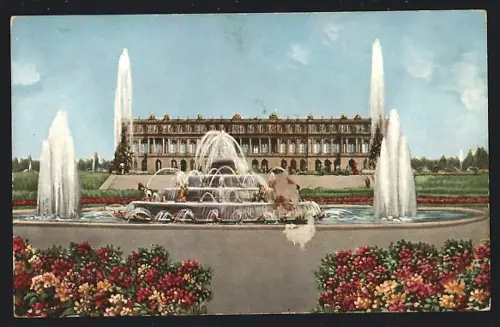 AK Herrenchiemsee, Schloss Herrenchiemsee mit Springbrunnen im Jahre 1886