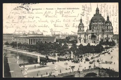 Künstler-AK Berlin, Dom-Panorama mit Schlossbrücke u. Lustgarten