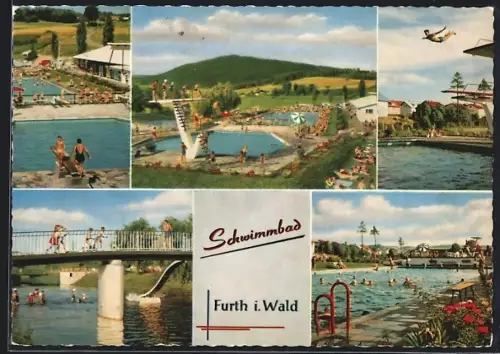 AK Furth i. Wald, Freibad mit Sprungturm, Brücke, Badegäste im Becken