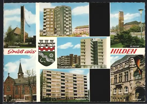 AK Hilden, Hochhäuser Poststrasse u. Furtwängler Strasse, St. Konrad, Erlöserkirche, Wappen