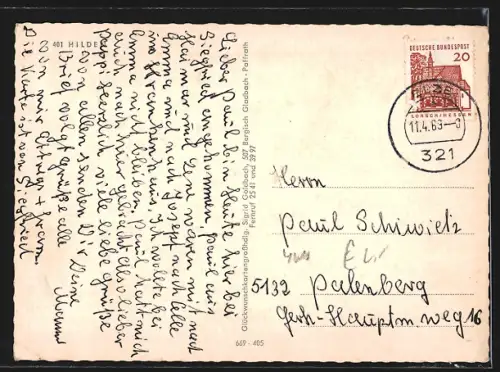 AK Hilden, Hochhäuser Poststrasse u. Furtwängler Strasse, St. Konrad, Erlöserkirche, Wappen
