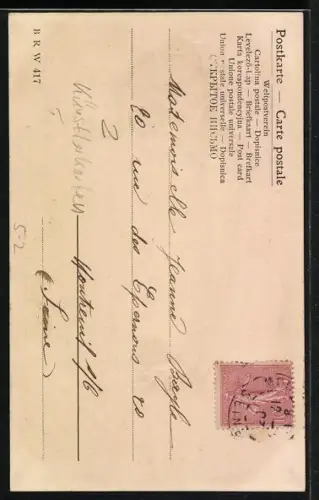 Präge-AK Frau streicht mit dem Handrücken liebevoll über ein angedeutetes Tier, Jugendstil