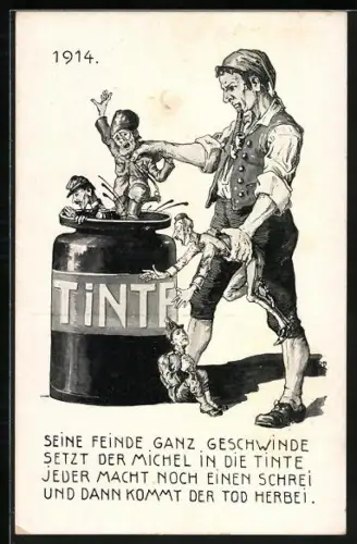 AK Deutscher Michel setzt seine Feinde in die Tinte, Propaganda 1. Weltkrieg