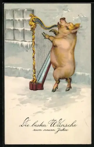 Künstler-AK Schwein spielt Harfe im Schnee, Neujahr