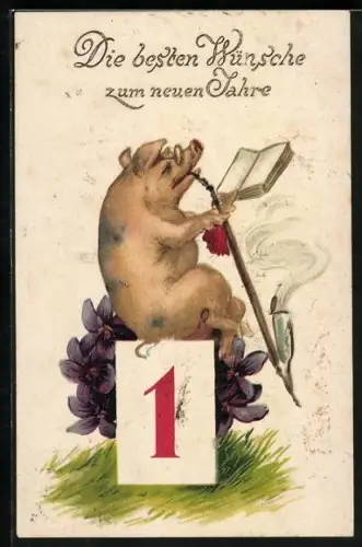 AK Schwein mit Buch und Tabakpfeife sitzt auf einem Kalender, Neujahrsgruss, vermenschlichte Tiere