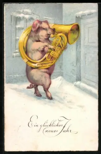 Künstler-AK Schwein auf zwei Beinen mit Blasinstrument, Neujahr